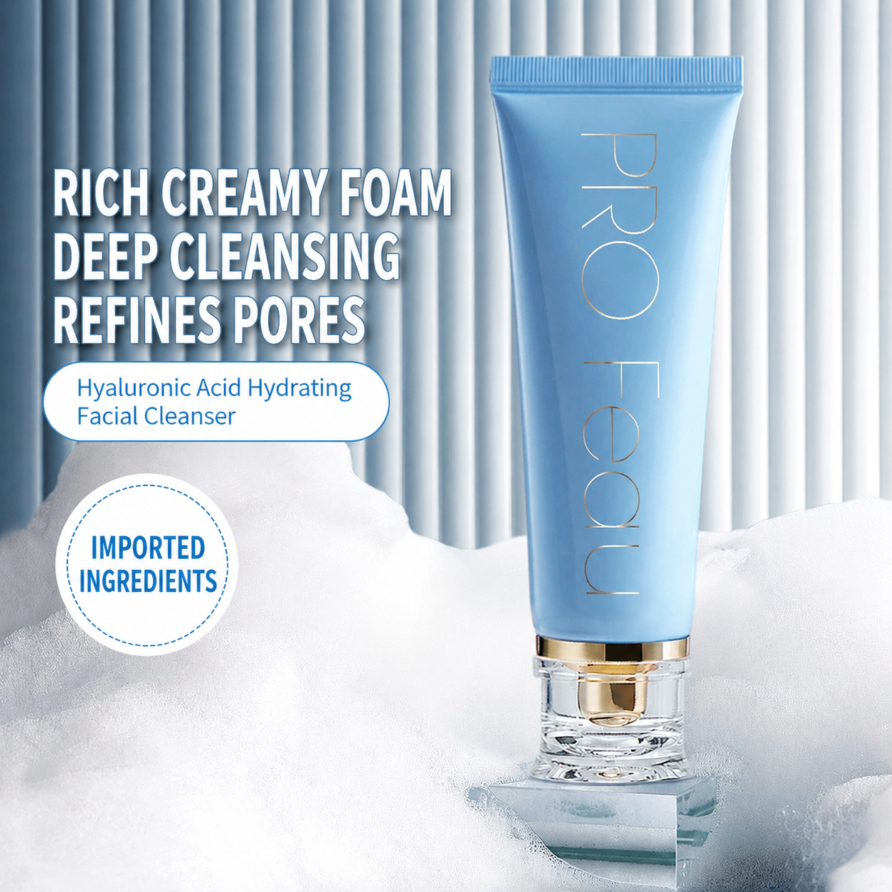 PRO FEAU Amino Acid Hydrating Facial Cleanser – Gentle pH-Balanced Foaming Face Wash with Hyaluronic Acid
