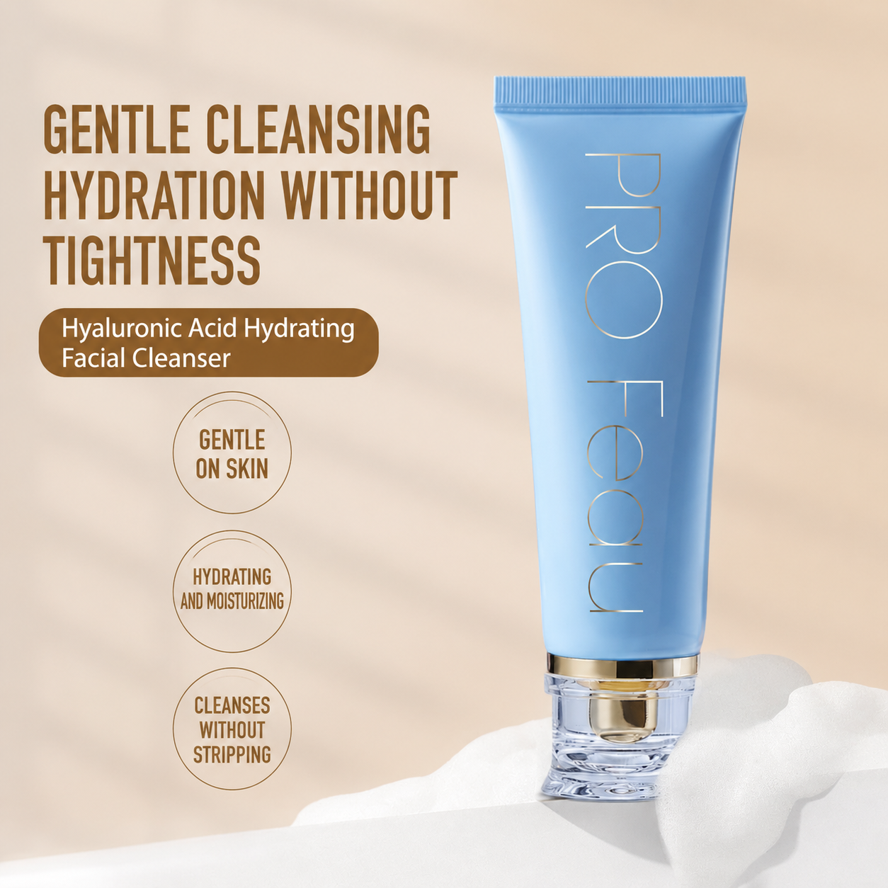 PRO FEAU Amino Acid Hydrating Facial Cleanser – Gentle pH-Balanced Foaming Face Wash with Hyaluronic Acid