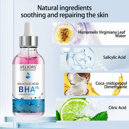 Exfoliante Líquido con Ácido Salicílico al 2%: Combate el acné, los poros obstruidos y los puntos negros con una rápida acción antiinflamatoria.